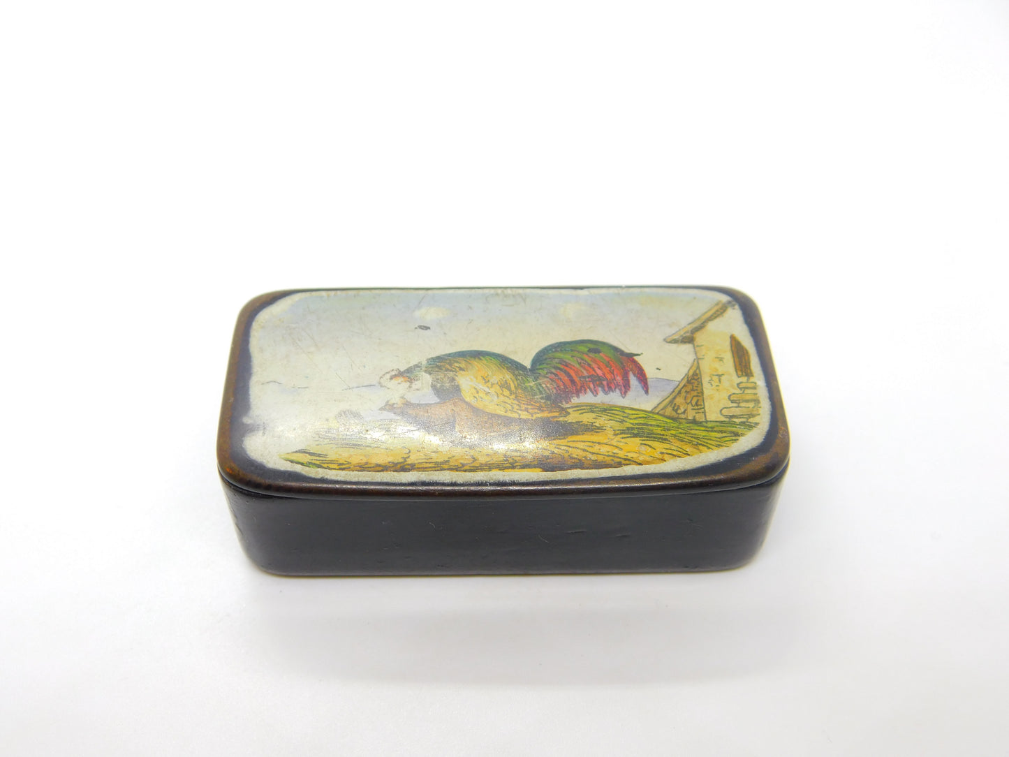 Early Victorian Papier Mache Raunchy Chicken Scene Snuff Box Antique c1840