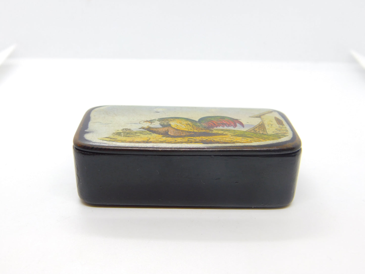 Early Victorian Papier Mache Raunchy Chicken Scene Snuff Box Antique c1840