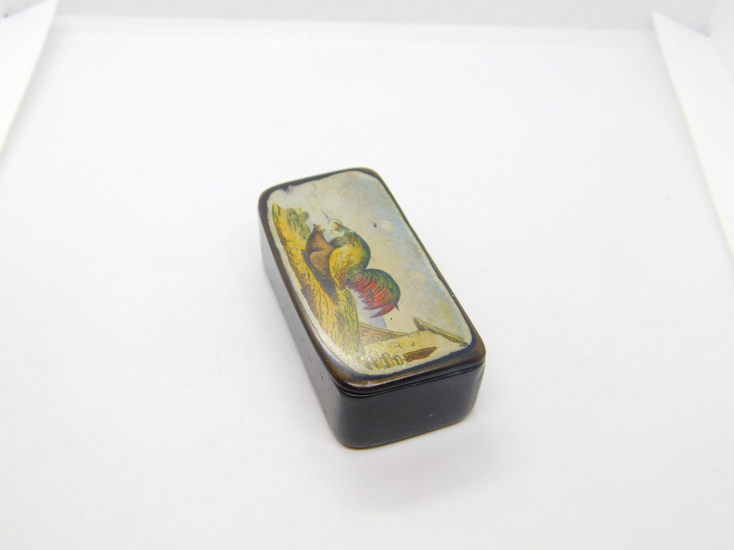 Early Victorian Papier Mache Raunchy Chicken Scene Snuff Box Antique c1840