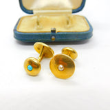 Victorian Boxed Pair of 18ct Gold, Turquoise & Pearl Set Cufflinks Antique 1900