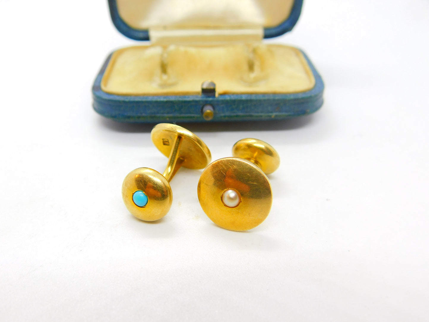 Victorian Boxed Pair of 18ct Gold, Turquoise & Pearl Set Cufflinks Antique 1900