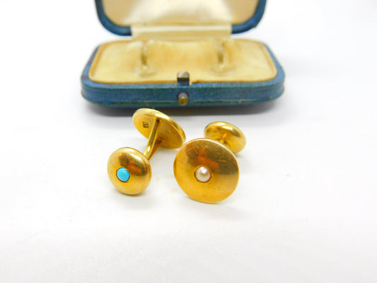 Victorian Boxed Pair of 18ct Gold, Turquoise & Pearl Set Cufflinks Antique 1900