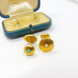 Victorian Boxed Pair of 18ct Gold, Turquoise & Pearl Set Cufflinks Antique 1900