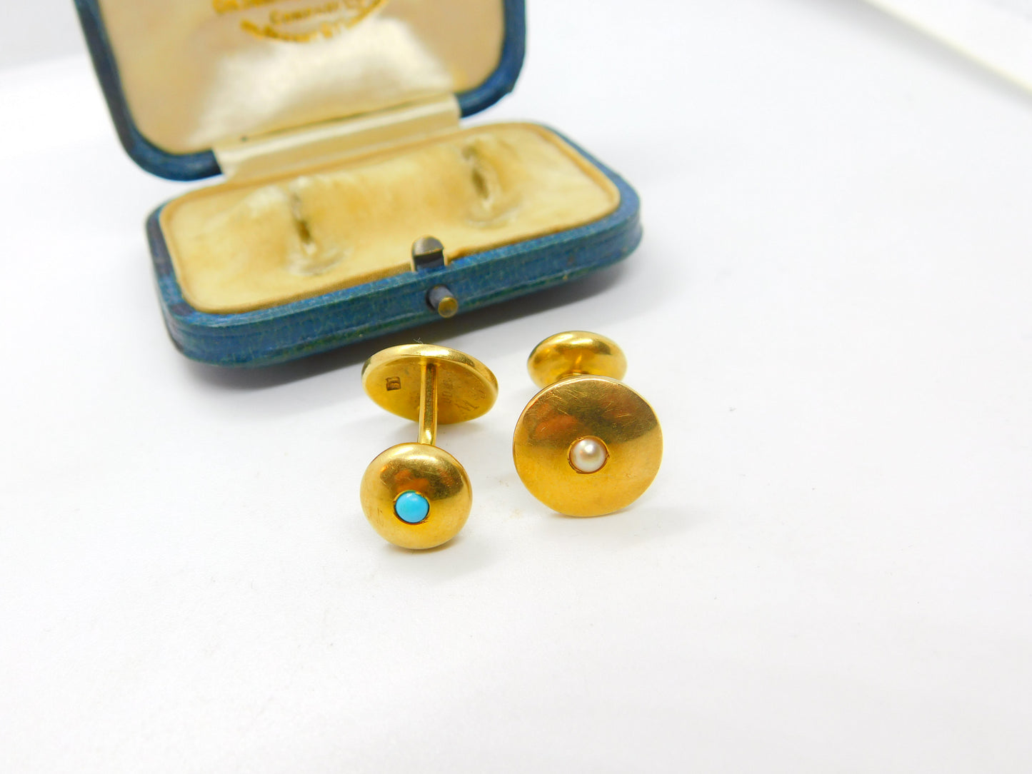 Victorian Boxed Pair of 18ct Gold, Turquoise & Pearl Set Cufflinks Antique 1900