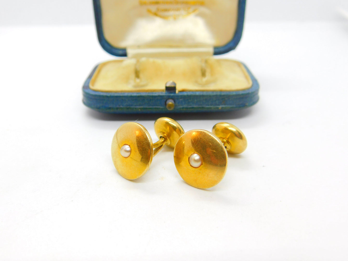 Victorian Boxed Pair of 18ct Gold, Turquoise & Pearl Set Cufflinks Antique 1900