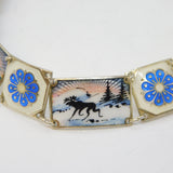 Norwegian Sterling Silver Enamel Winter Scenes Panel Bracelet Antique c1930