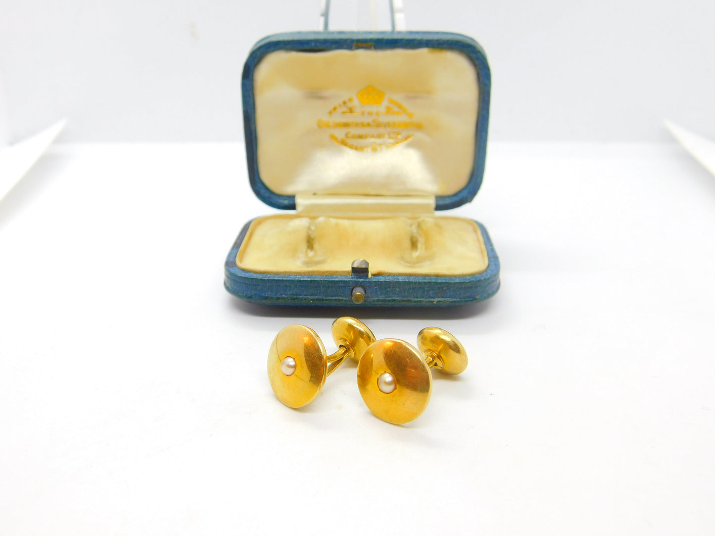 Victorian Boxed Pair of 18ct Gold, Turquoise & Pearl Set Cufflinks Antique 1900