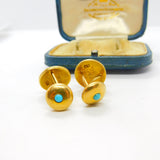 Victorian Boxed Pair of 18ct Gold, Turquoise & Pearl Set Cufflinks Antique 1900