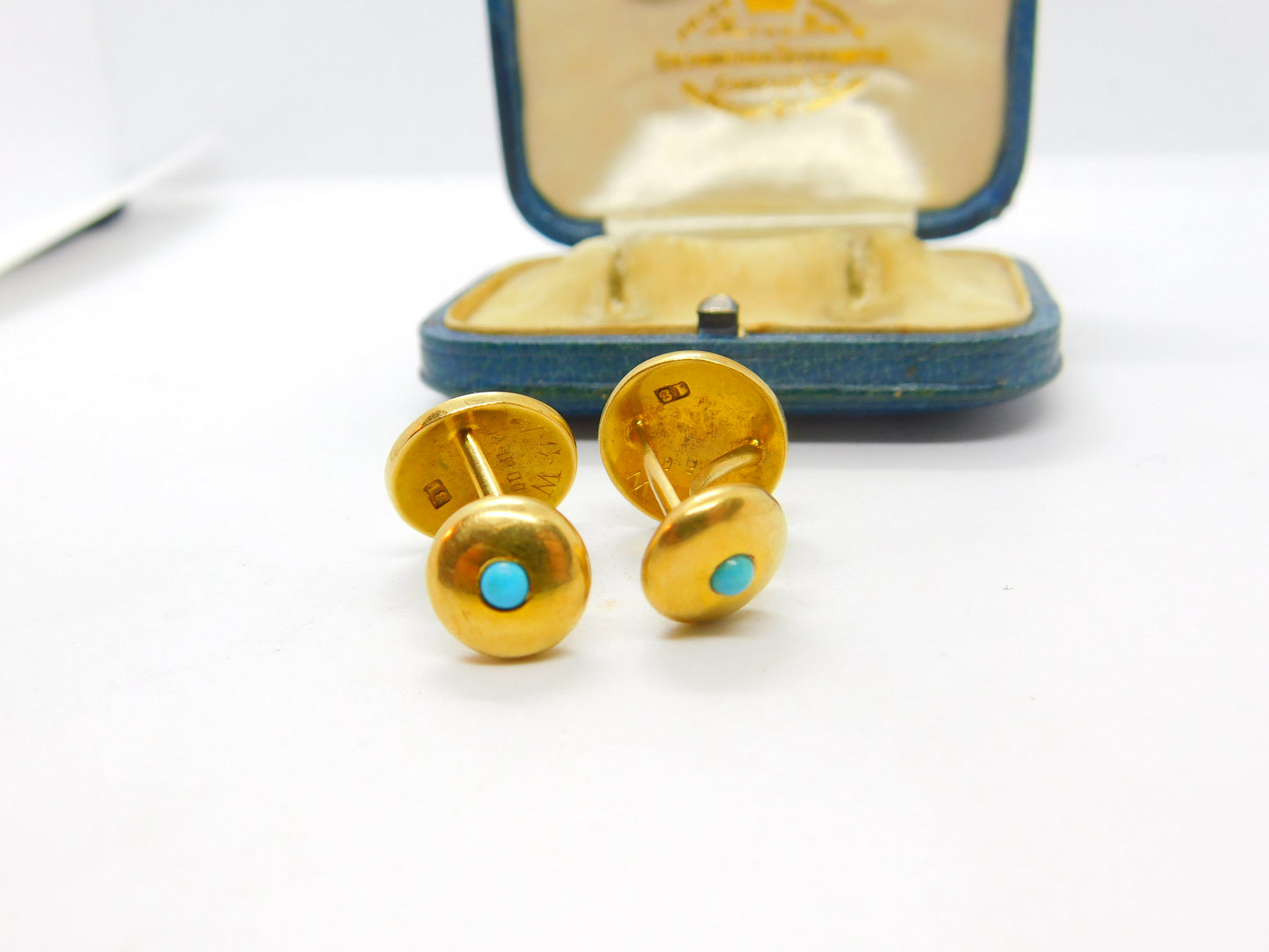 Victorian Boxed Pair of 18ct Gold, Turquoise & Pearl Set Cufflinks Antique 1900