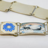 Norwegian Sterling Silver Enamel Winter Scenes Panel Bracelet Antique c1930
