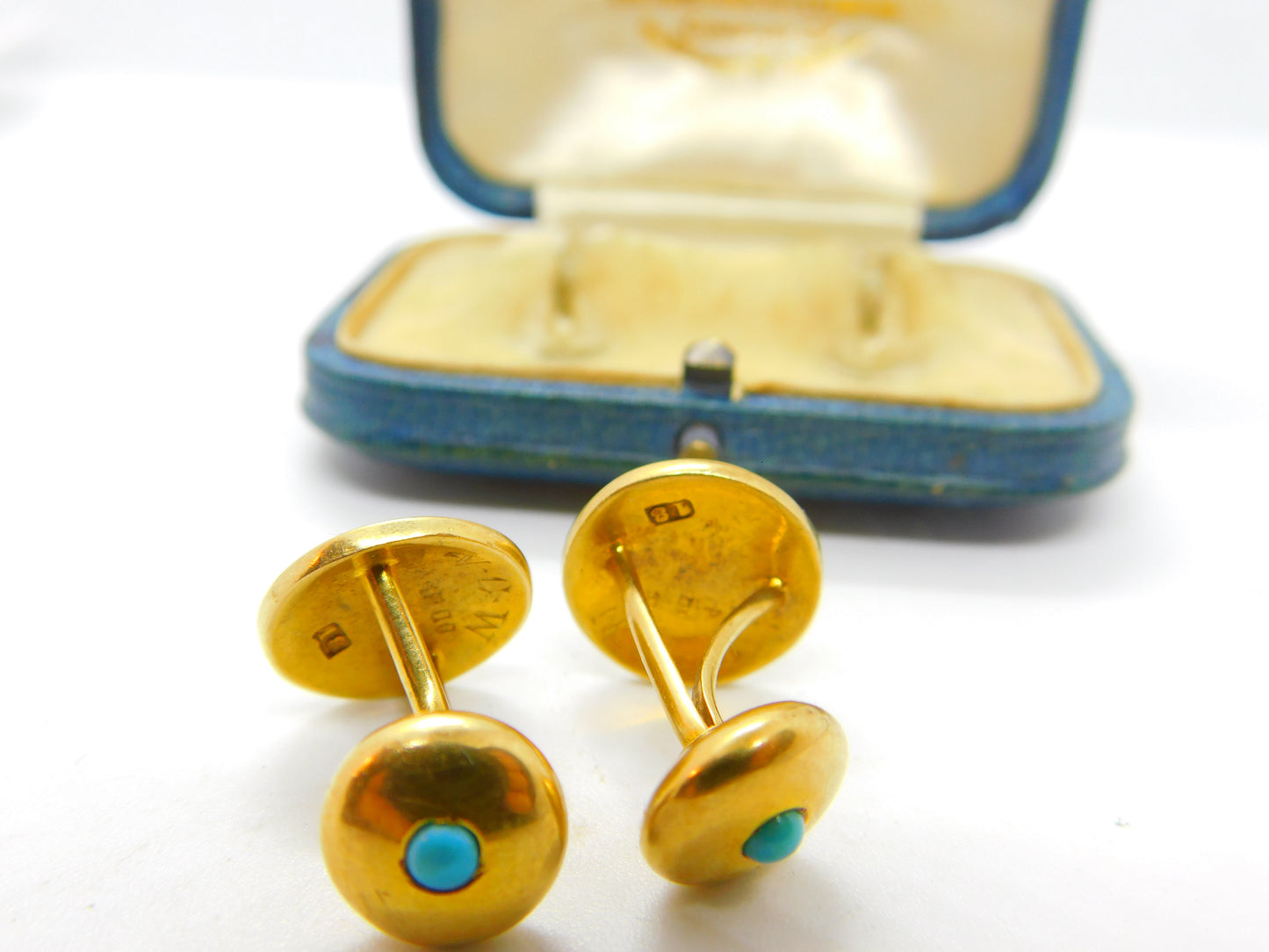 Victorian Boxed Pair of 18ct Gold, Turquoise & Pearl Set Cufflinks Antique 1900