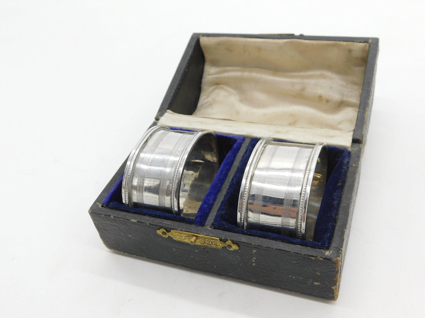 Boxed Pair of Sterling Silver Line Pattern Napkin Ring 1921 Birmingham Antique