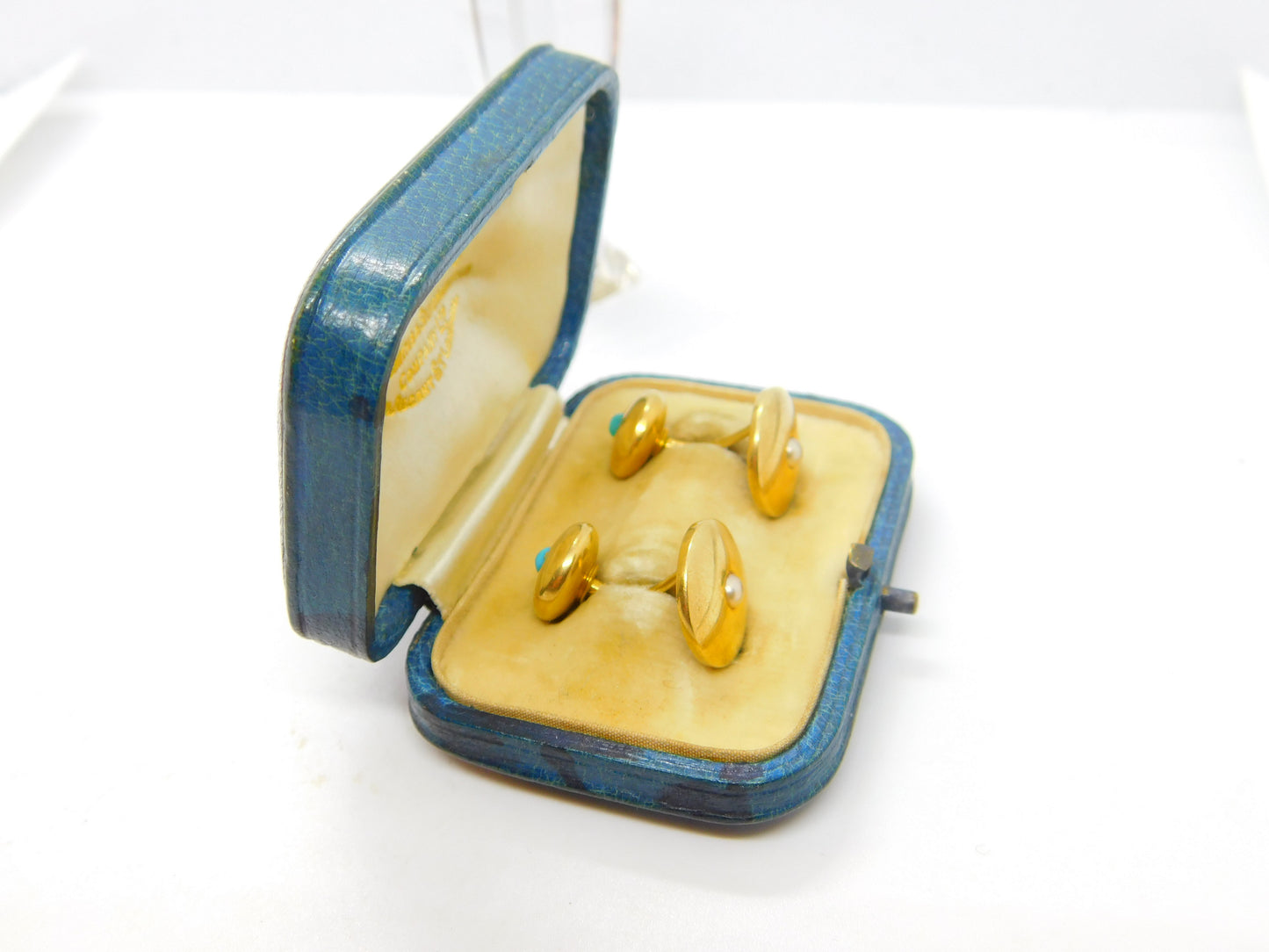 Victorian Boxed Pair of 18ct Gold, Turquoise & Pearl Set Cufflinks Antique 1900