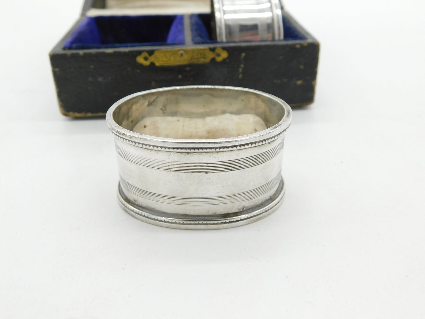 Boxed Pair of Sterling Silver Line Pattern Napkin Ring 1921 Birmingham Antique