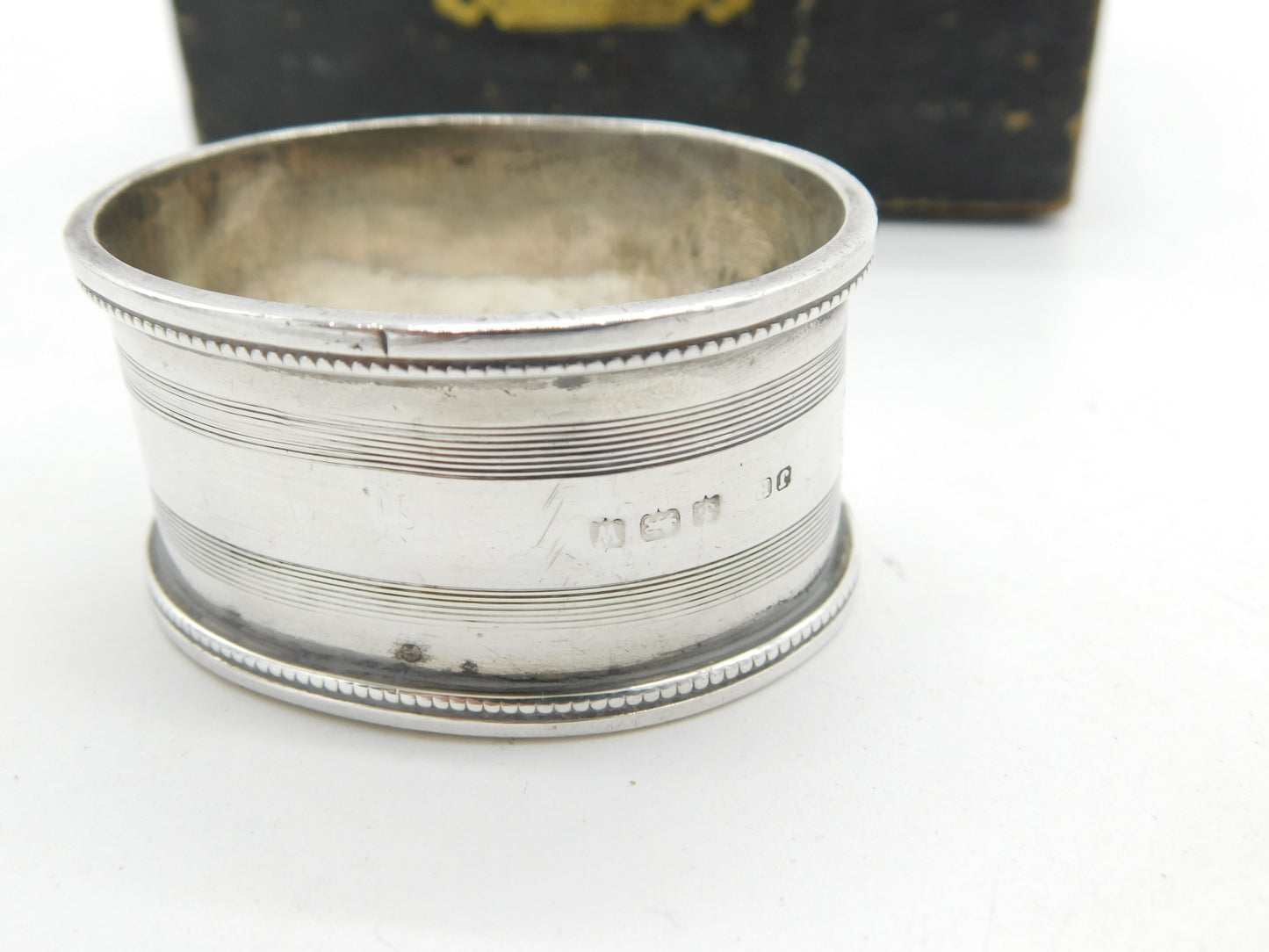 Boxed Pair of Sterling Silver Line Pattern Napkin Ring 1921 Birmingham Antique