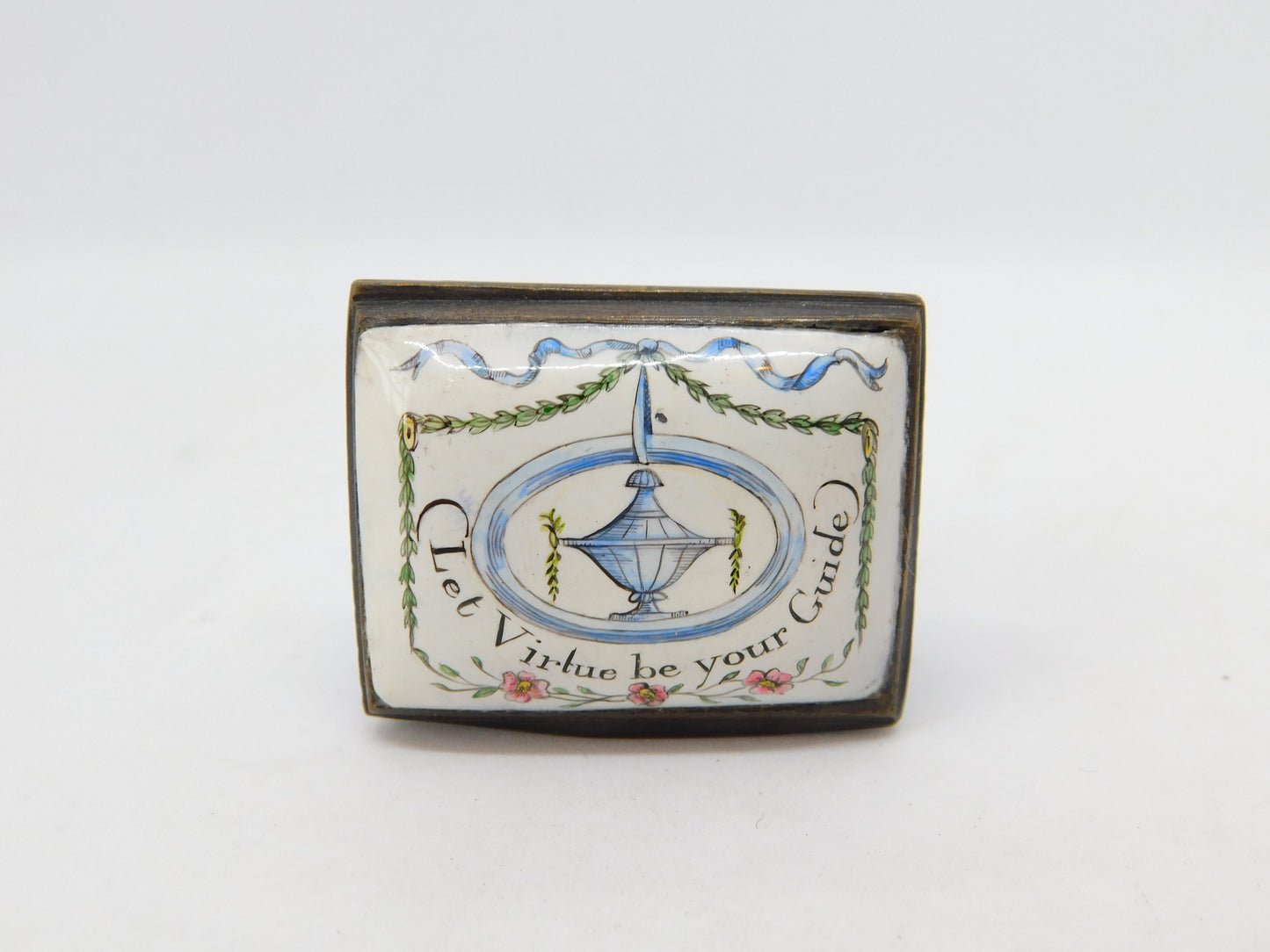 Victorian Bilston Enamel Patch Box 'Let Virtue be your Guide' Antique c1900