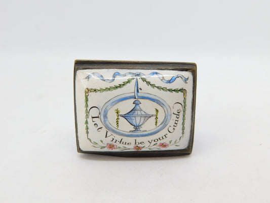 Victorian Bilston Enamel Patch Box 'Let Virtue be your Guide' Antique c1900