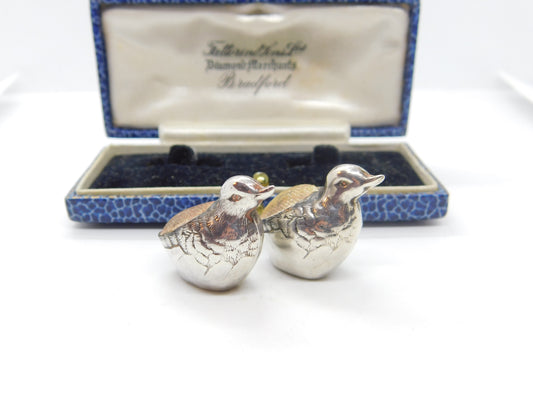 Edwardian Pair of Sterling Silver Miniature Chick Pin Cushions 1910 Birmingham