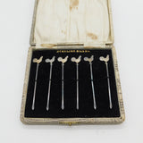 Boxed Set of Sterling Silver Cockerel Chicken Cocktail Sticks c1920 Antique