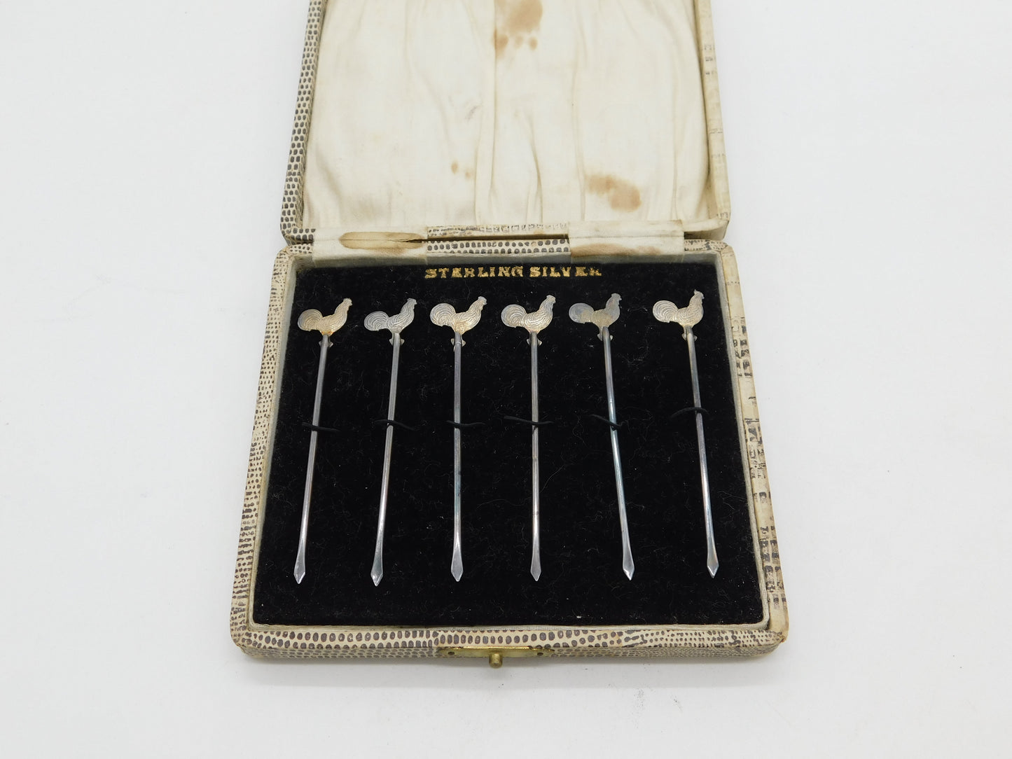 Boxed Set of Sterling Silver Cockerel Chicken Cocktail Sticks c1920 Antique