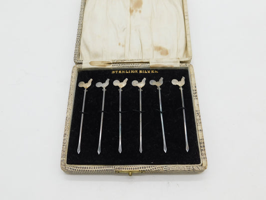 Boxed Set of Sterling Silver Cockerel Chicken Cocktail Sticks c1920 Antique