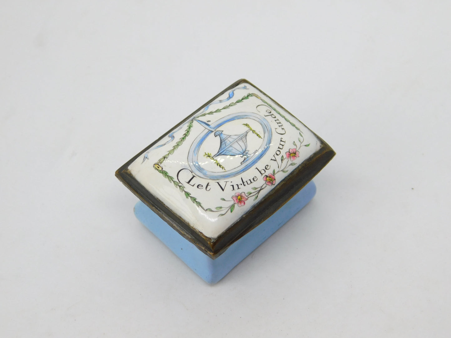 Victorian Bilston Enamel Patch Box 'Let Virtue be your Guide' Antique c1900