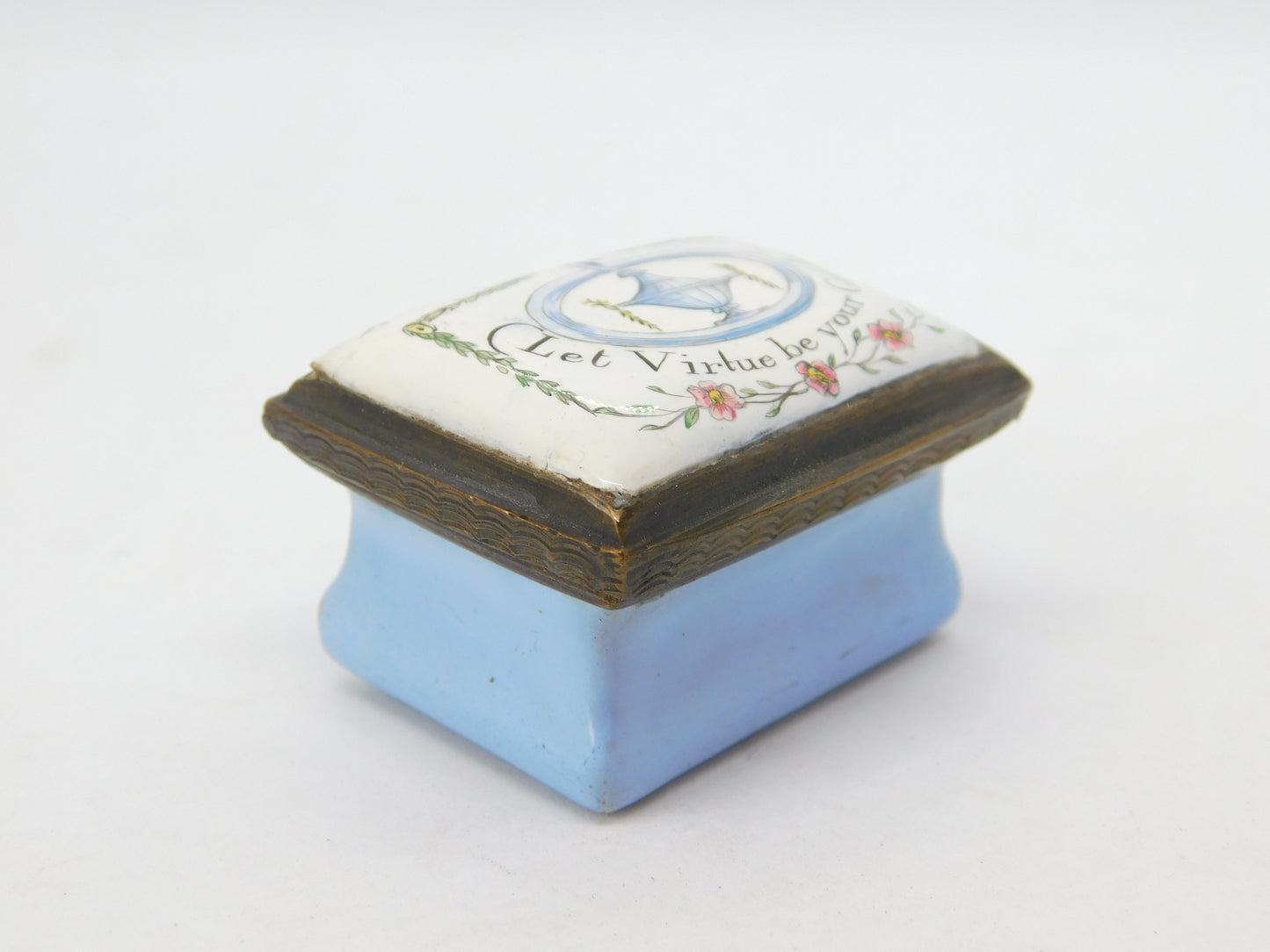 Victorian Bilston Enamel Patch Box 'Let Virtue be your Guide' Antique c1900