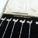 Boxed Set of Sterling Silver Cockerel Chicken Cocktail Sticks c1920 Antique