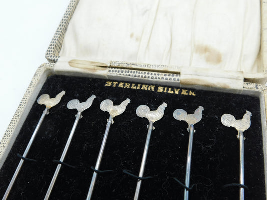 Boxed Set of Sterling Silver Cockerel Chicken Cocktail Sticks c1920 Antique