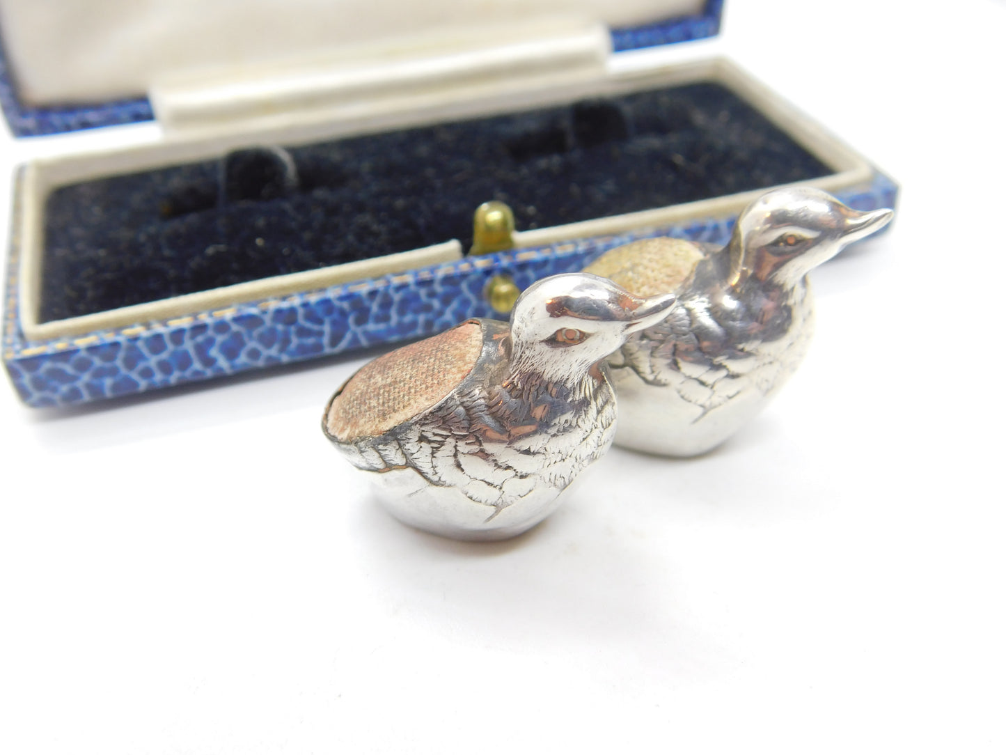 Edwardian Pair of Sterling Silver Miniature Chick Pin Cushions 1910 Birmingham