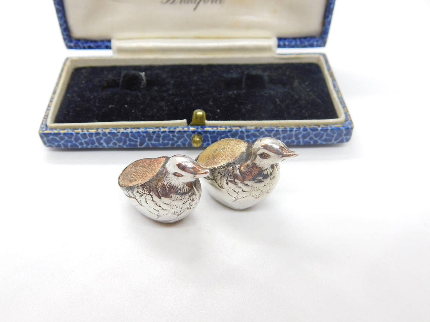 Edwardian Pair of Sterling Silver Miniature Chick Pin Cushions 1910 Birmingham