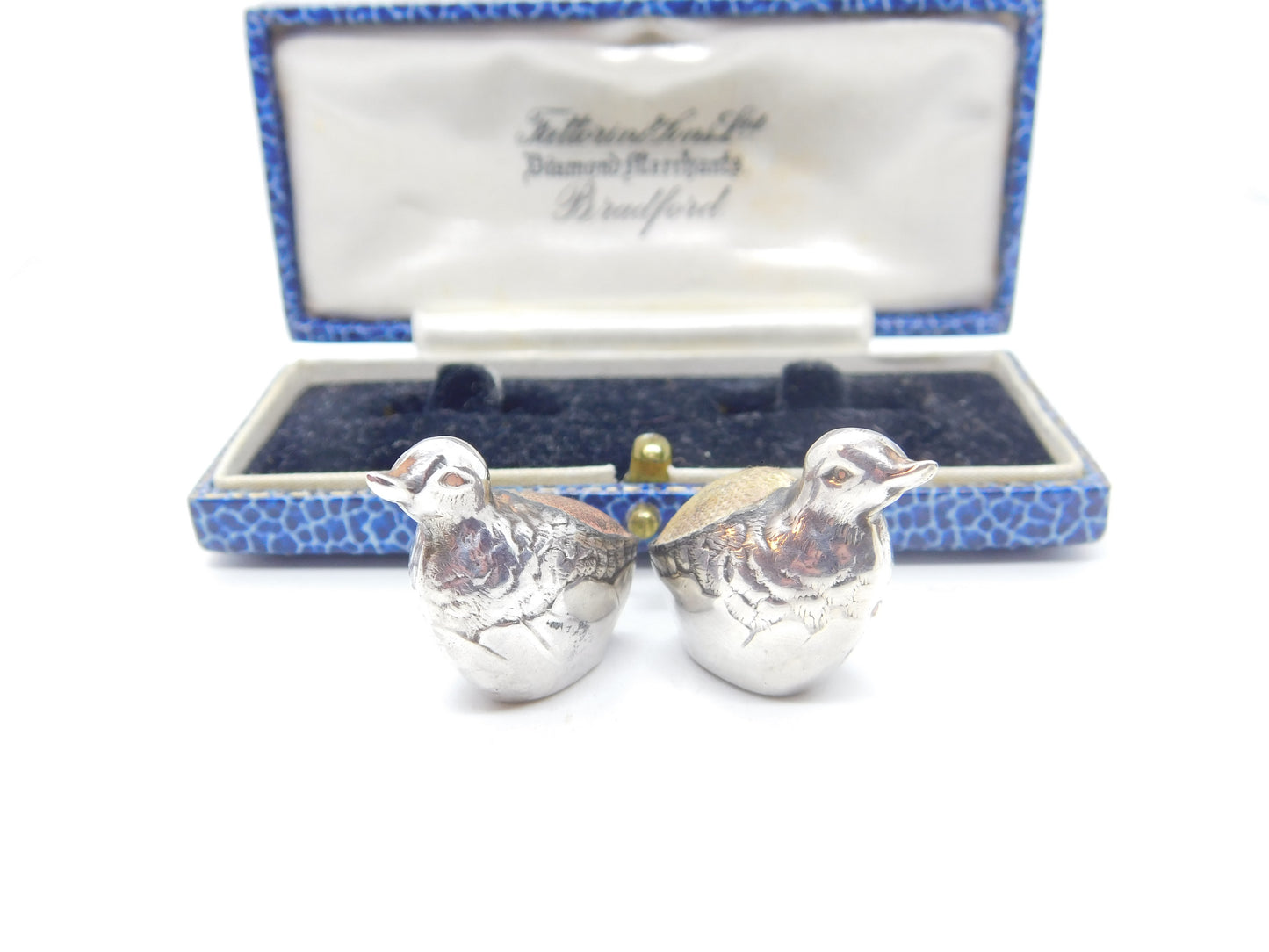 Edwardian Pair of Sterling Silver Miniature Chick Pin Cushions 1910 Birmingham