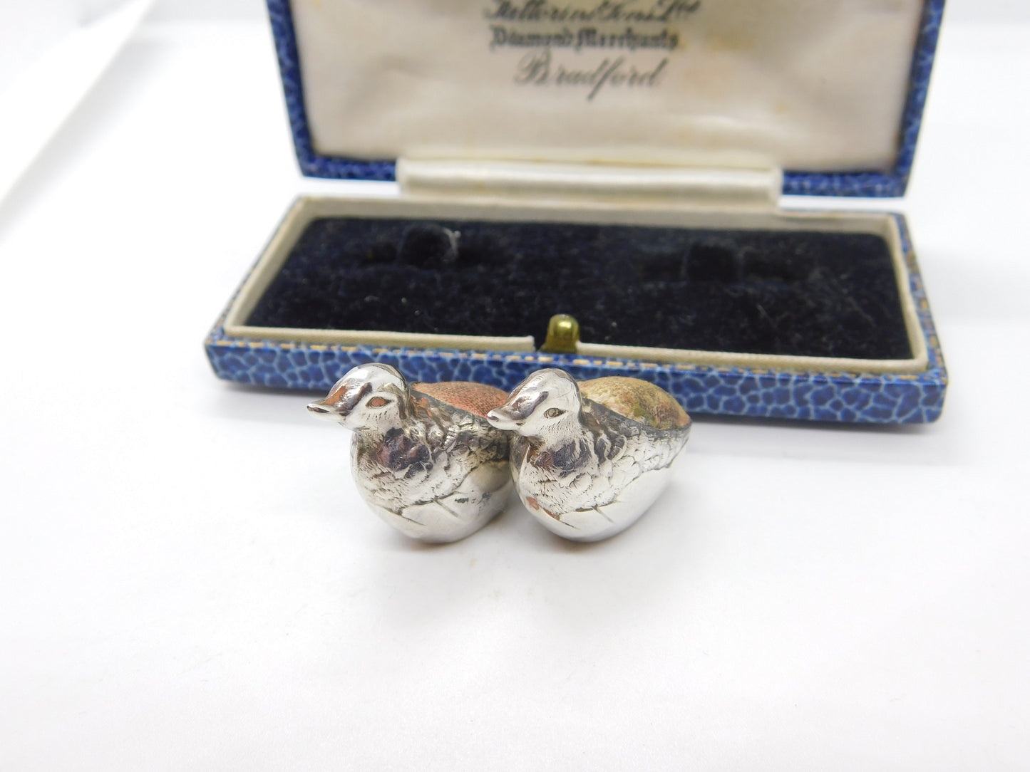 Edwardian Pair of Sterling Silver Miniature Chick Pin Cushions 1910 Birmingham