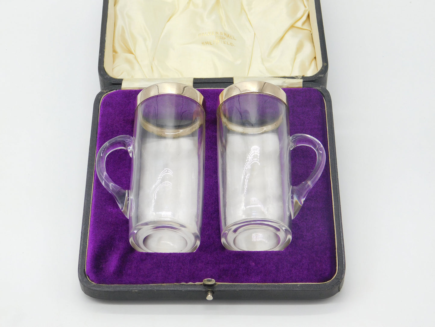 Victorian Pair of Sterling Silver Gilt & Glass Toddy Mugs Boxed 1873 Birmingham