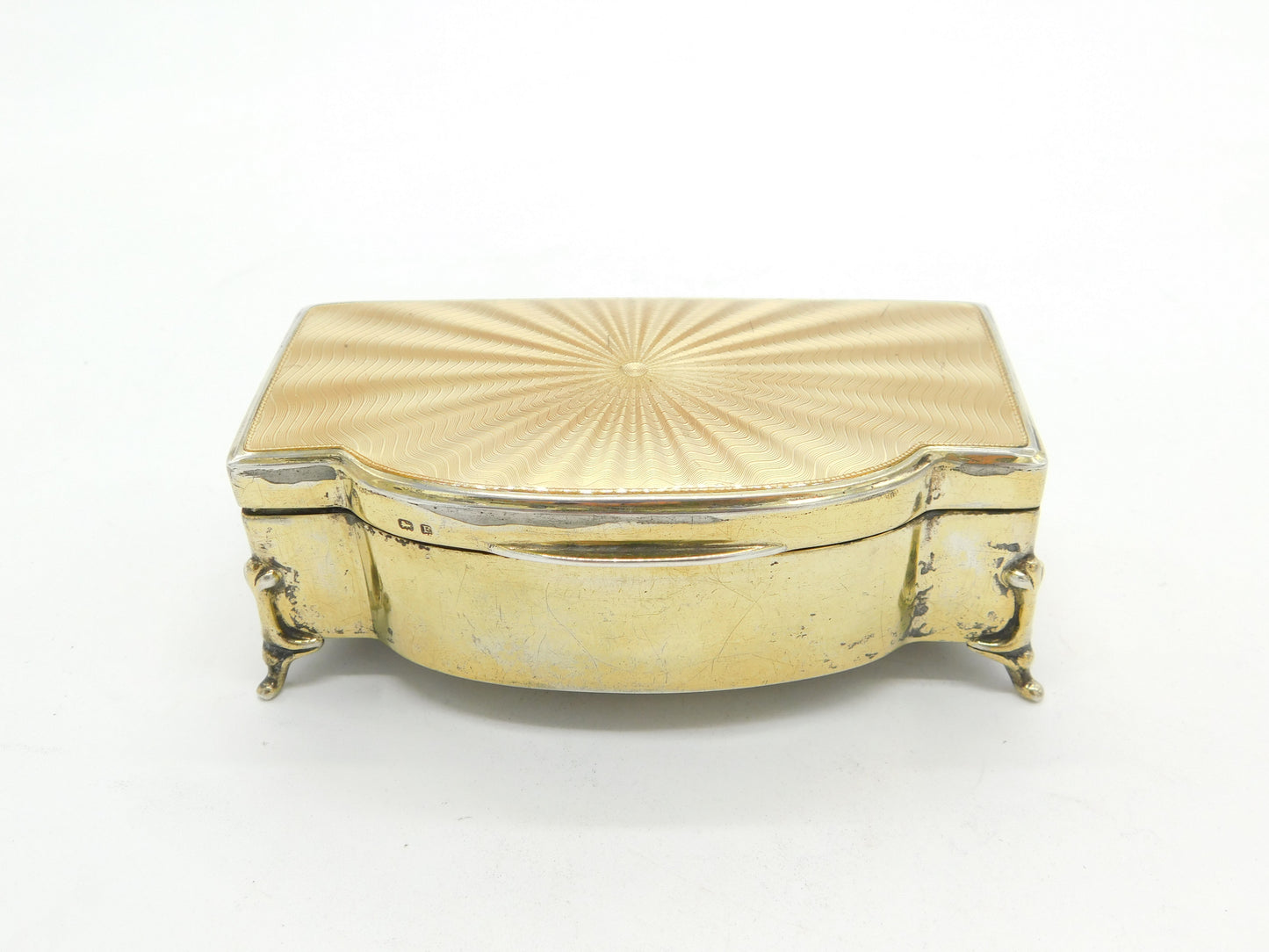 Sterling Silver Gilt & Yellow Guilloche Enamel Jewellery Box 1930 Birmingham