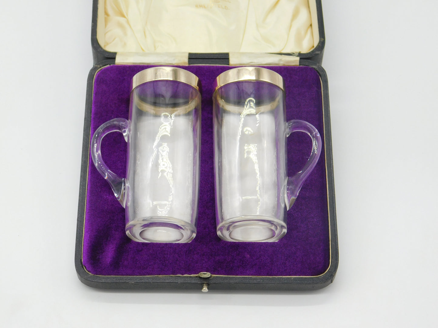 Victorian Pair of Sterling Silver Gilt & Glass Toddy Mugs Boxed 1873 Birmingham