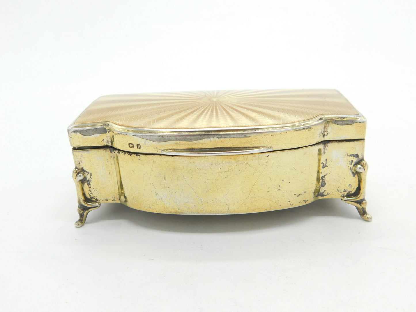 Sterling Silver Gilt & Yellow Guilloche Enamel Jewellery Box 1930 Birmingham