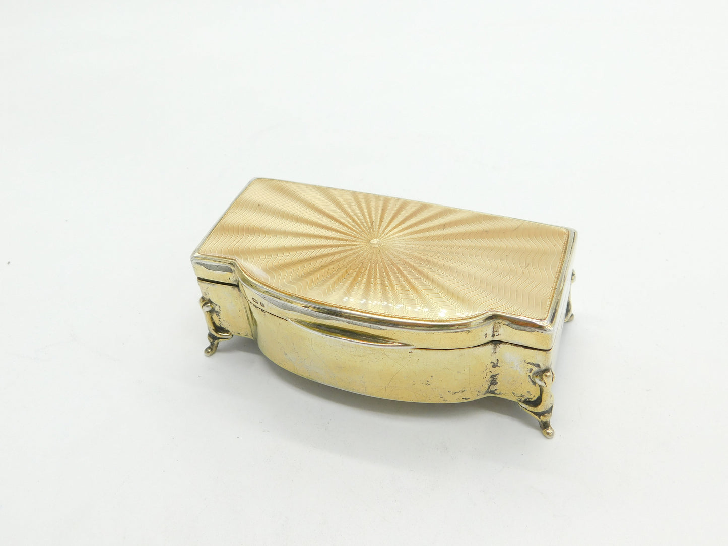 Sterling Silver Gilt & Yellow Guilloche Enamel Jewellery Box 1930 Birmingham