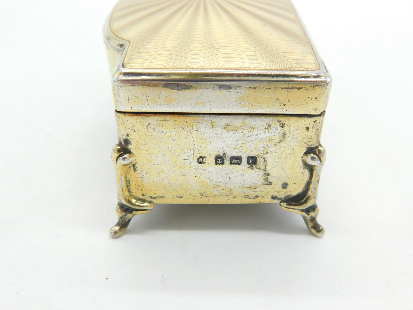 Sterling Silver Gilt & Yellow Guilloche Enamel Jewellery Box 1930 Birmingham