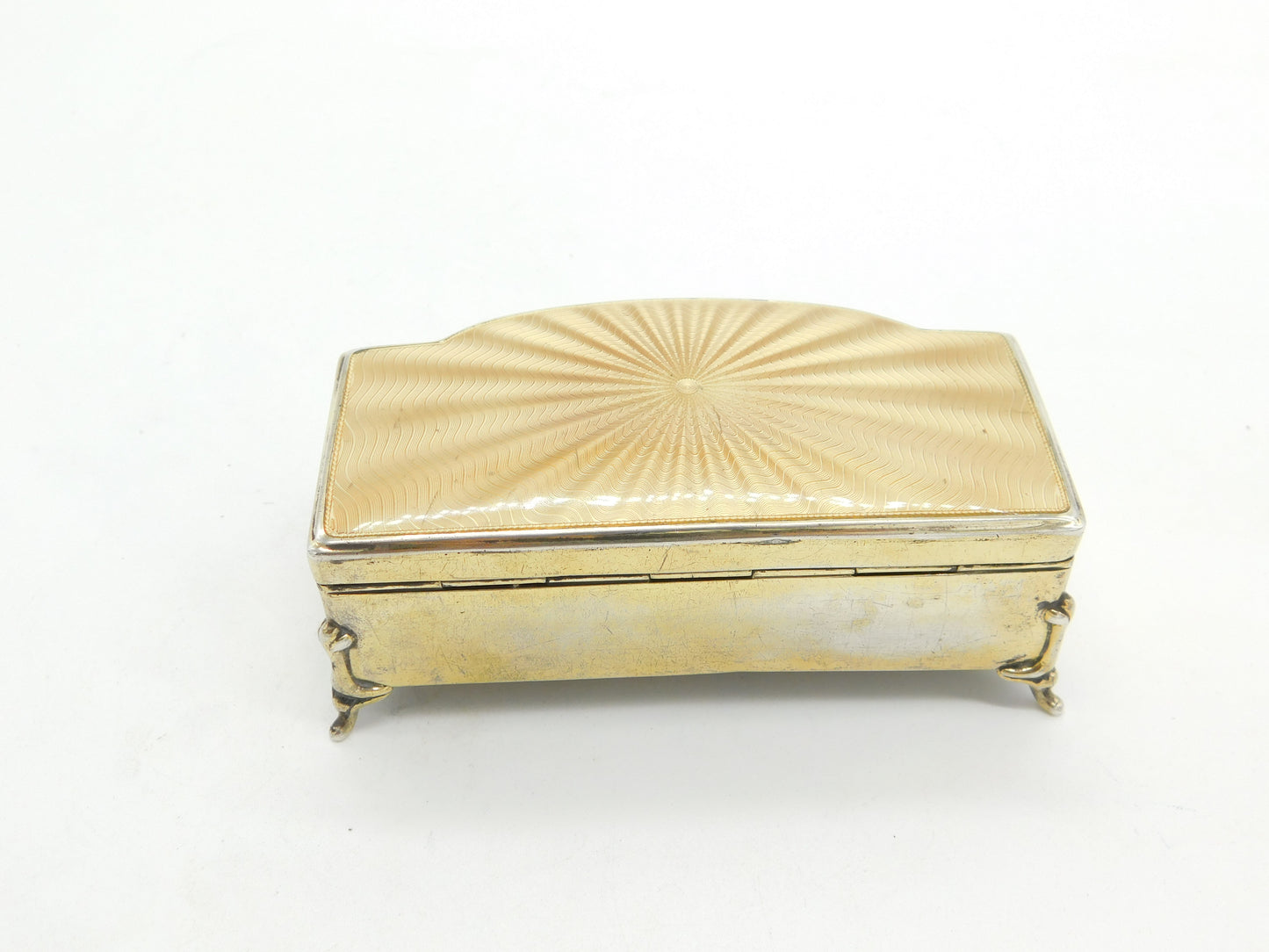 Sterling Silver Gilt & Yellow Guilloche Enamel Jewellery Box 1930 Birmingham