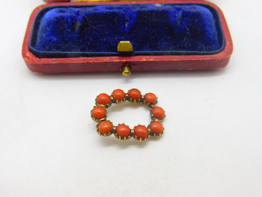 Georgian 9ct Rose Gold & Red Coral Set Brooch Pin Antique c1800 AF