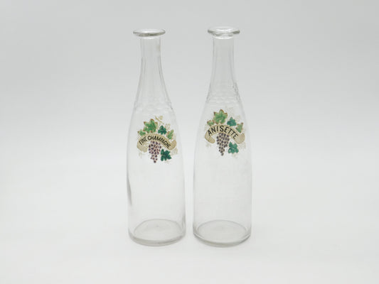 French Pair of Victorian Glass & Enamel 'Fine Champagne' & 'Anisette' Carafes