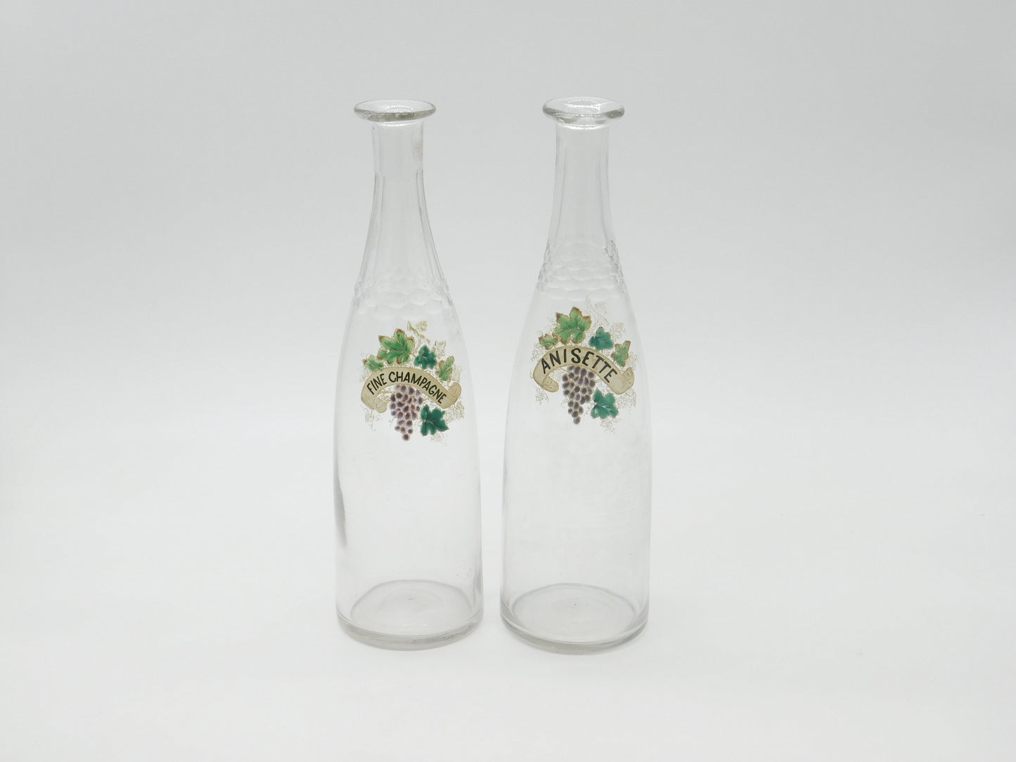 French Pair of Victorian Glass & Enamel 'Fine Champagne' & 'Anisette' Carafes