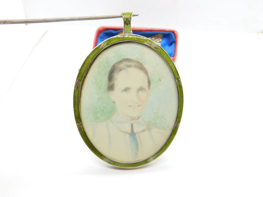 Edwardian Sterling Silver Green Guilloche Enamel Framed Miniature Portrait 1905