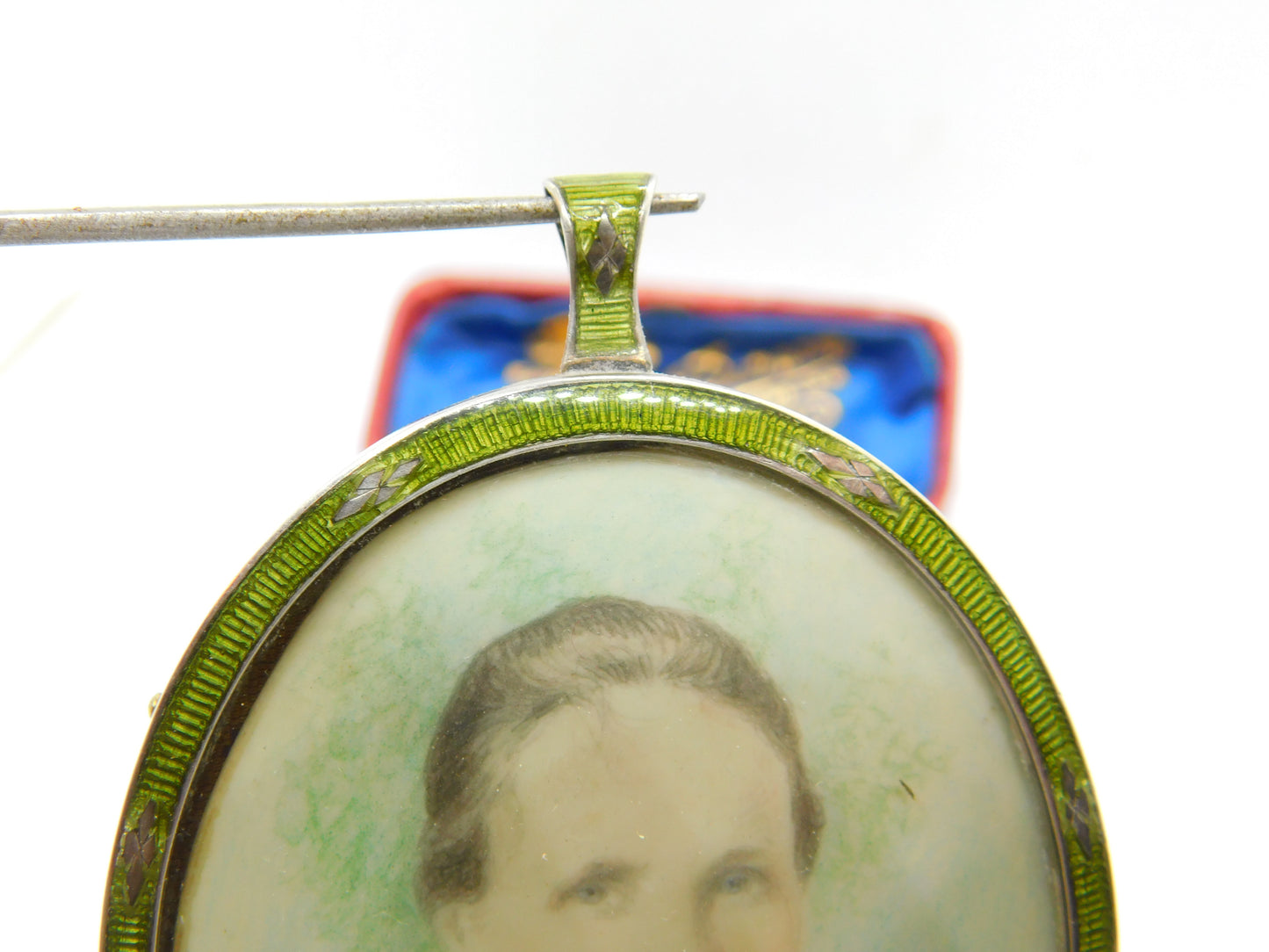 Edwardian Sterling Silver Green Guilloche Enamel Framed Miniature Portrait 1905