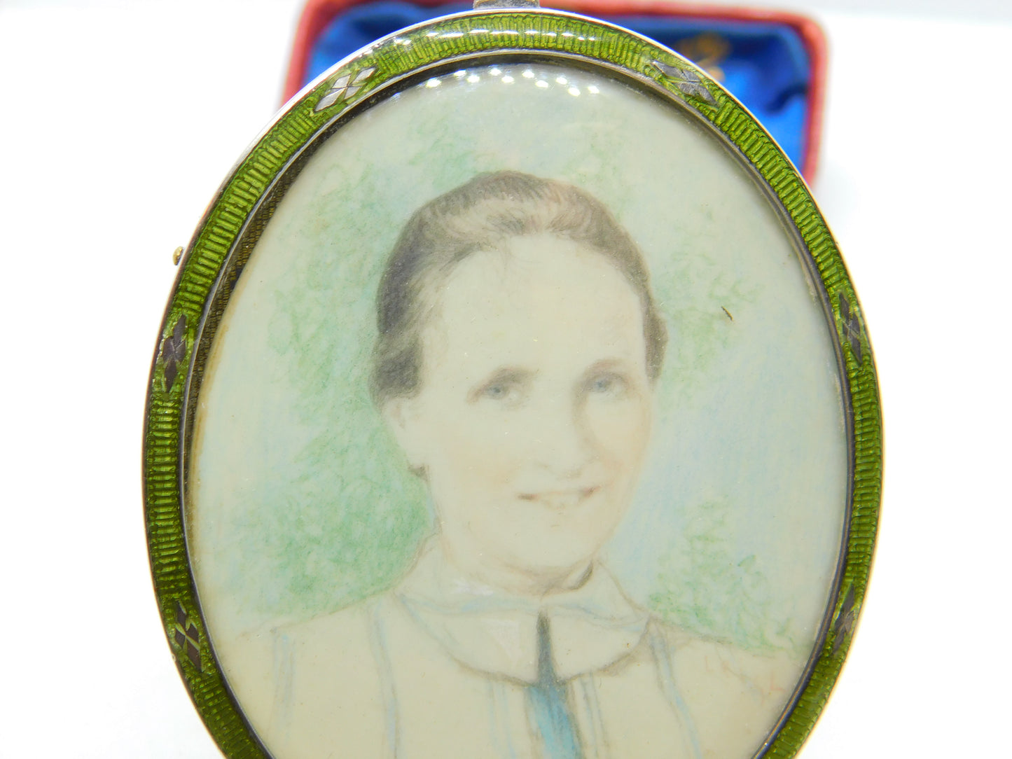 Edwardian Sterling Silver Green Guilloche Enamel Framed Miniature Portrait 1905