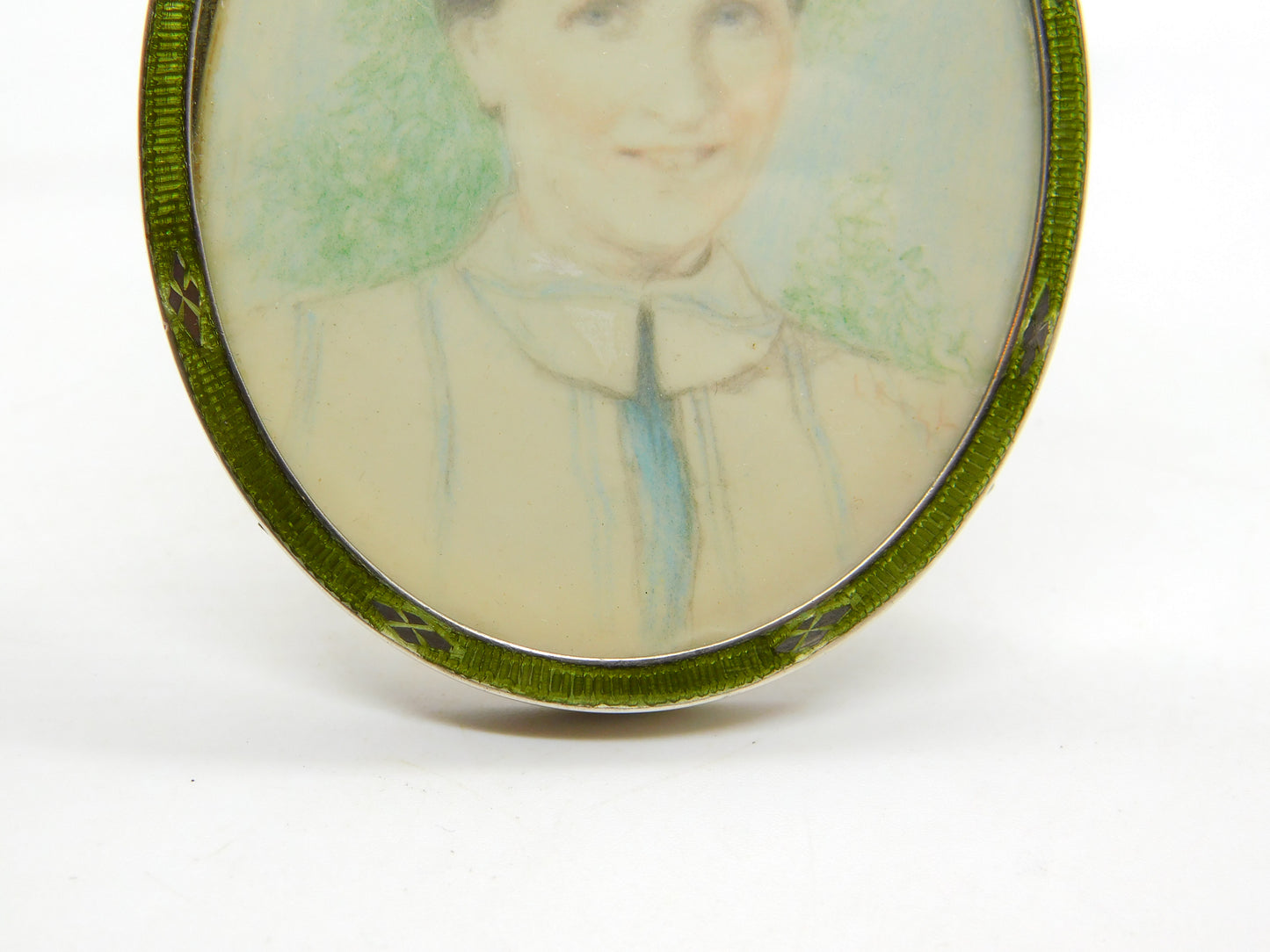 Edwardian Sterling Silver Green Guilloche Enamel Framed Miniature Portrait 1905