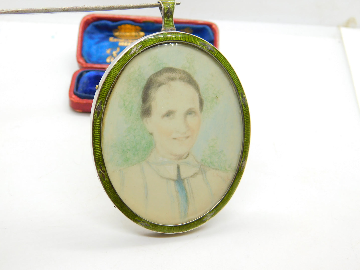 Edwardian Sterling Silver Green Guilloche Enamel Framed Miniature Portrait 1905