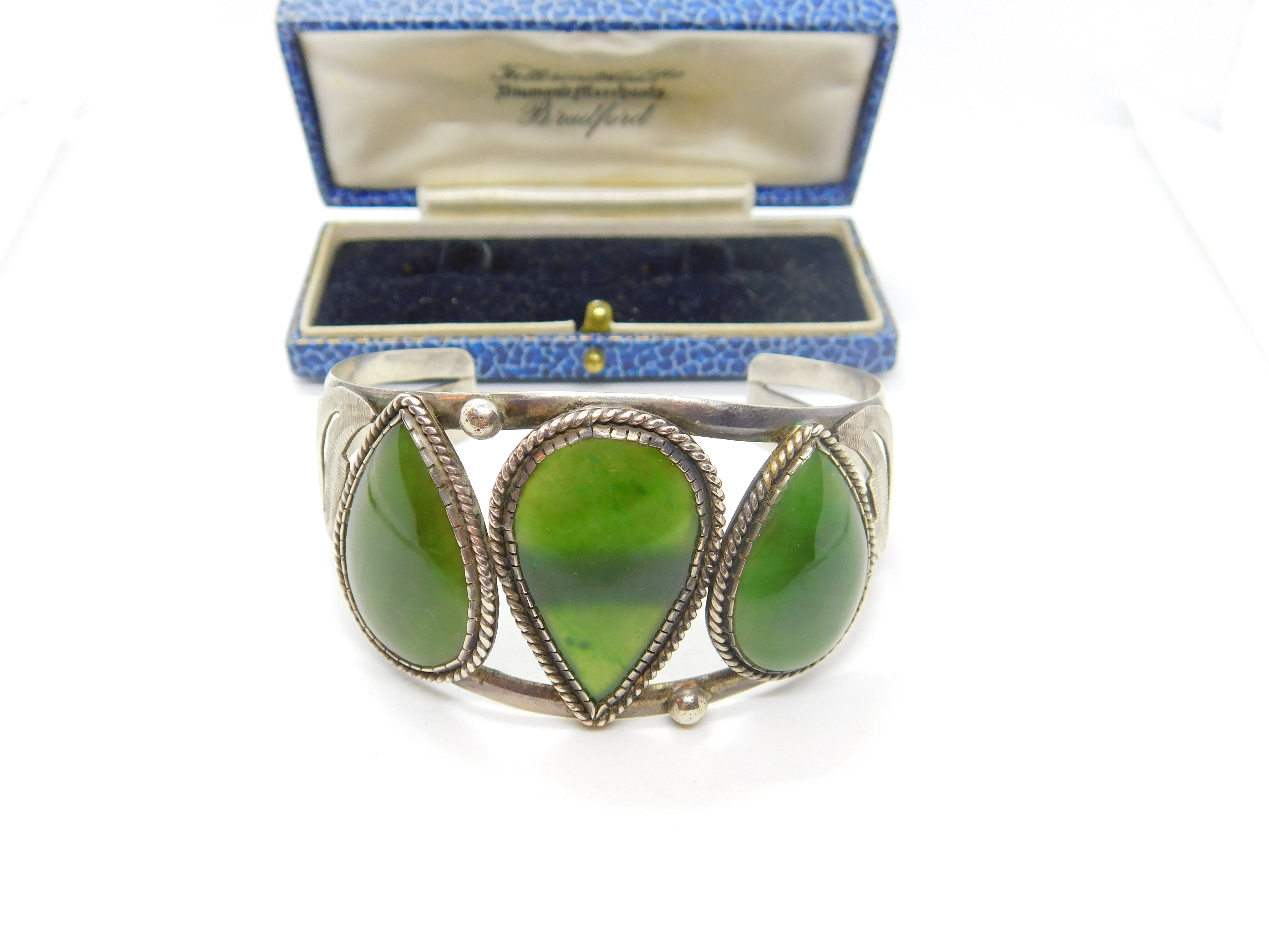 Ruby Nephrite Panel Sterling Silver & Large Nephrite Jade Panel Bangle Bracelet Antique c1 ...