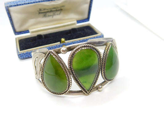 Sterling Silver & Large Nephrite Jade Panel Bangle Bracelet Antique c1920